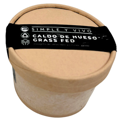 Caldo de Hueso y Rótula Grass Fed 225 ml de Simple y Vivo, vista frontal sobre fondo blanco