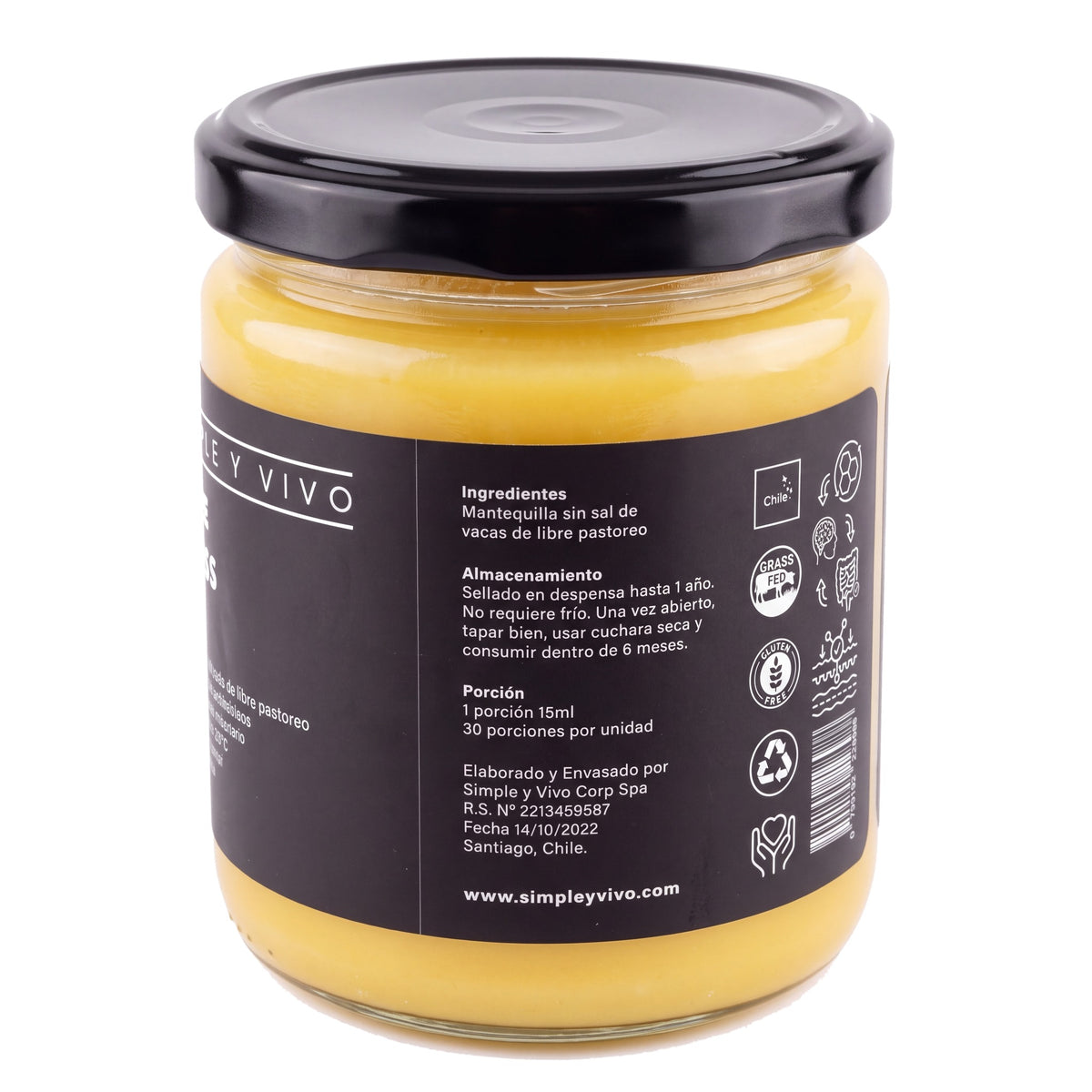 Ghee Grass Fed 450 ml, panel lateral con ingredientes, almacenamiento y datos del producto