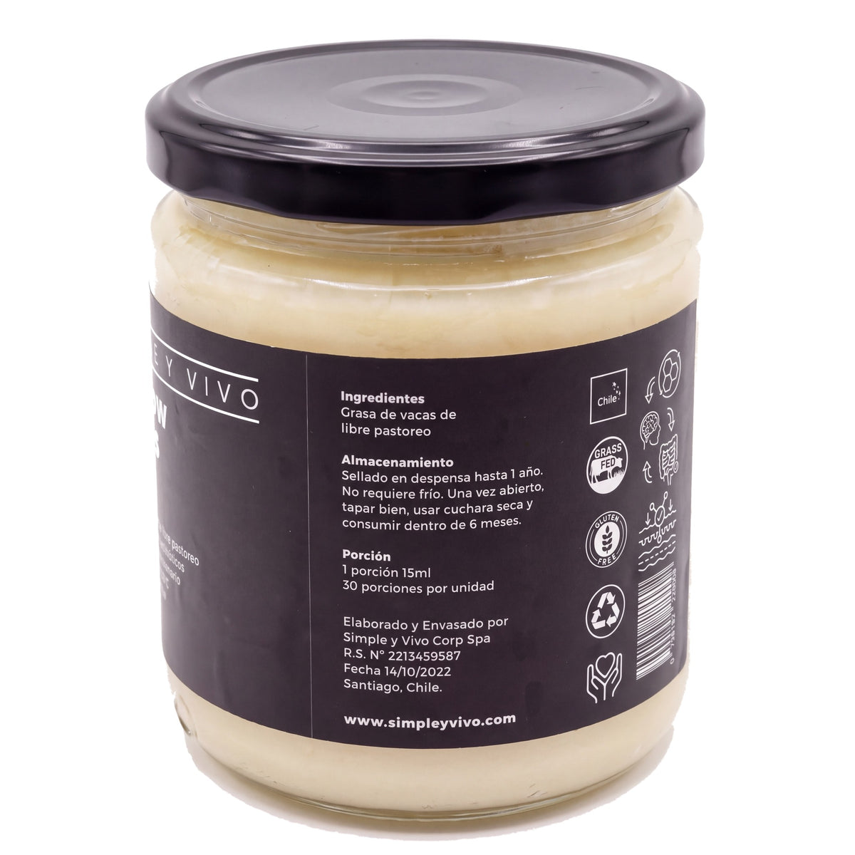 Beef Tallow Grass Fed 450 ml, panel lateral con ingredientes, almacenamiento y datos del producto