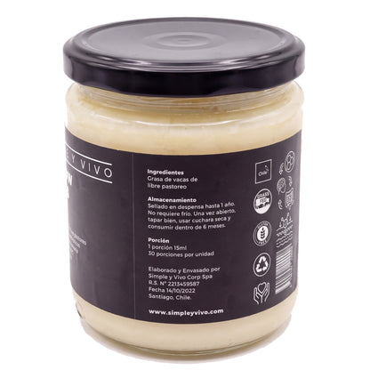 Beef Tallow Grass Fed 450 ml, panel lateral con ingredientes, almacenamiento y datos del producto