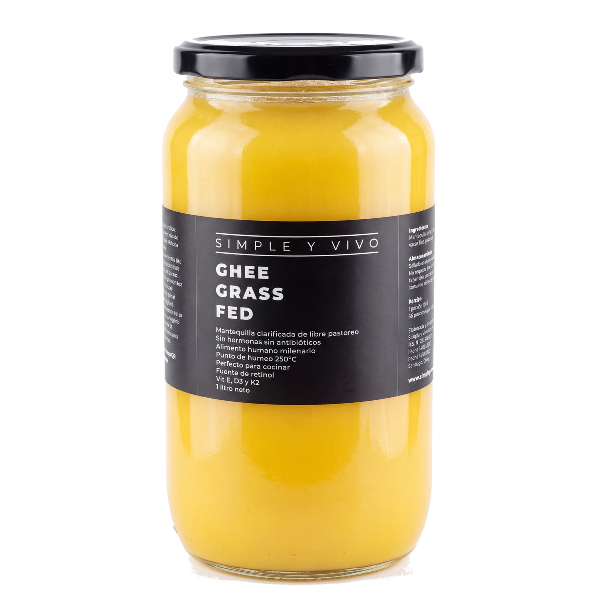 Frasco de Ghee Grass Fed 1 litro de Simple y Vivo, vista frontal sobre fondo blanco