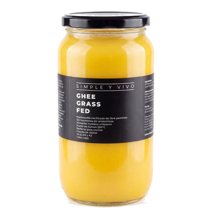 Frasco de Ghee Grass Fed 1 litro de Simple y Vivo, vista frontal sobre fondo blanco