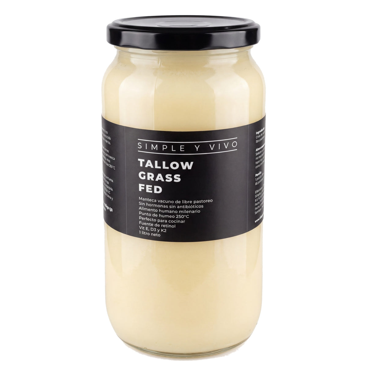 Frasco de Beef Tallow Grass Fed 1 litro de Simple y Vivo, vista frontal sobre fondo blanco