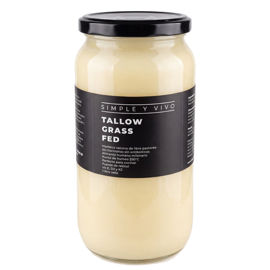 Frasco de Beef Tallow Grass Fed 1 litro de Simple y Vivo, vista frontal sobre fondo blanco