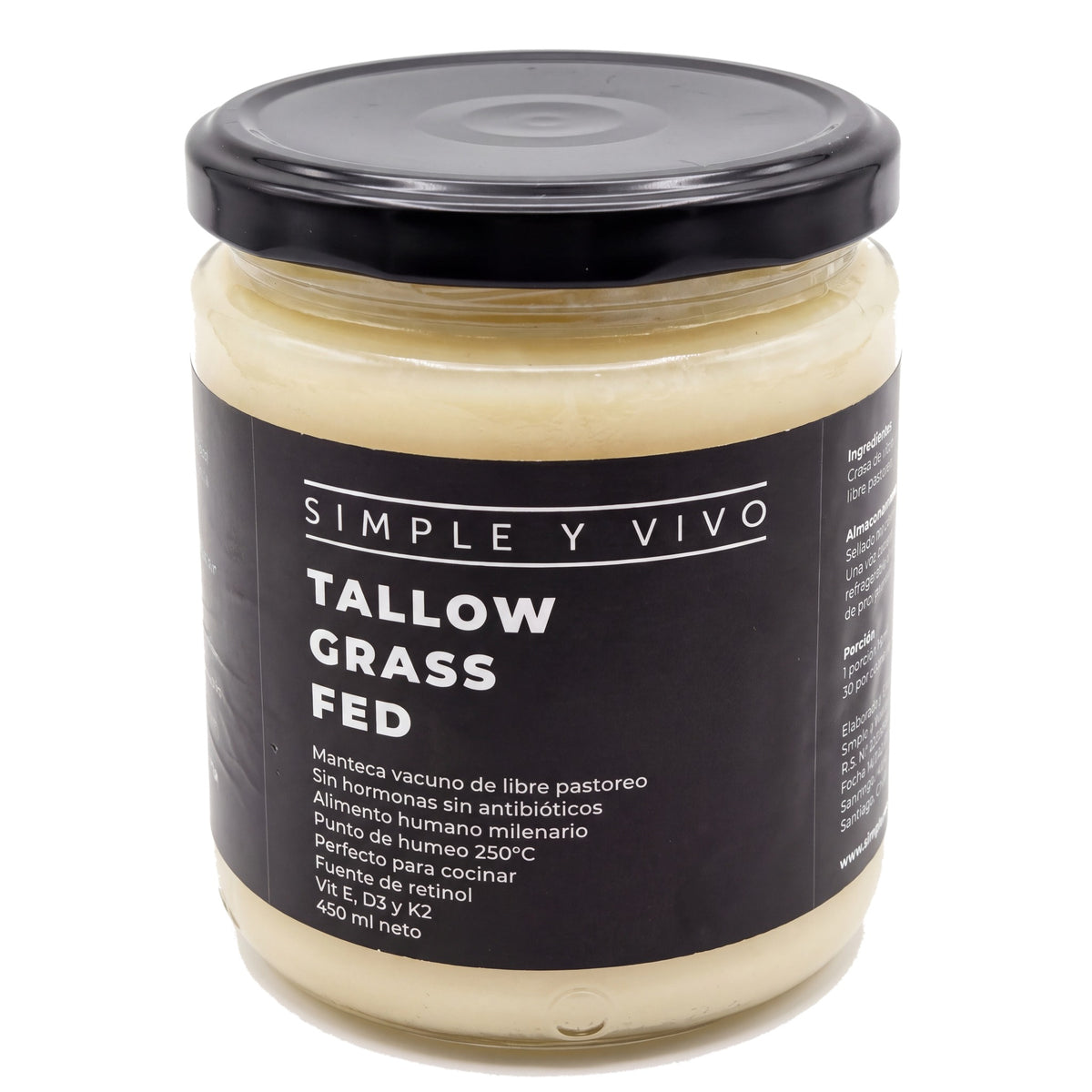 Frasco de Beef Tallow Grass Fed 450 ml de Simple y Vivo, vista frontal sobre fondo blanco
