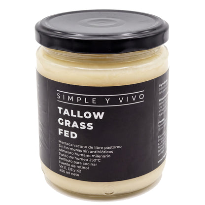 Frasco de Beef Tallow Grass Fed 450 ml de Simple y Vivo, vista frontal sobre fondo blanco