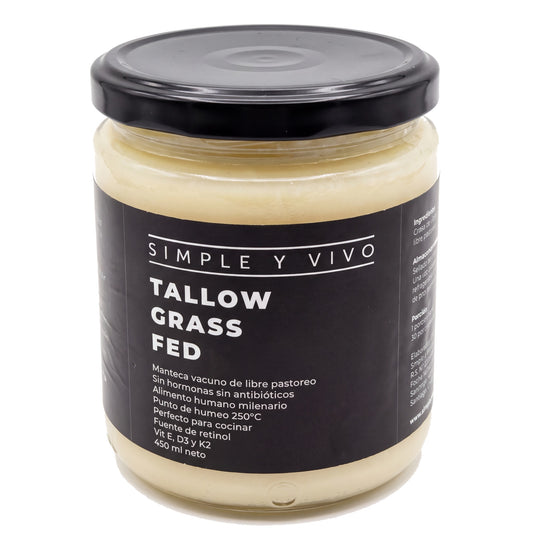 Frasco de Beef Tallow Grass Fed 450 ml de Simple y Vivo, vista frontal sobre fondo blanco